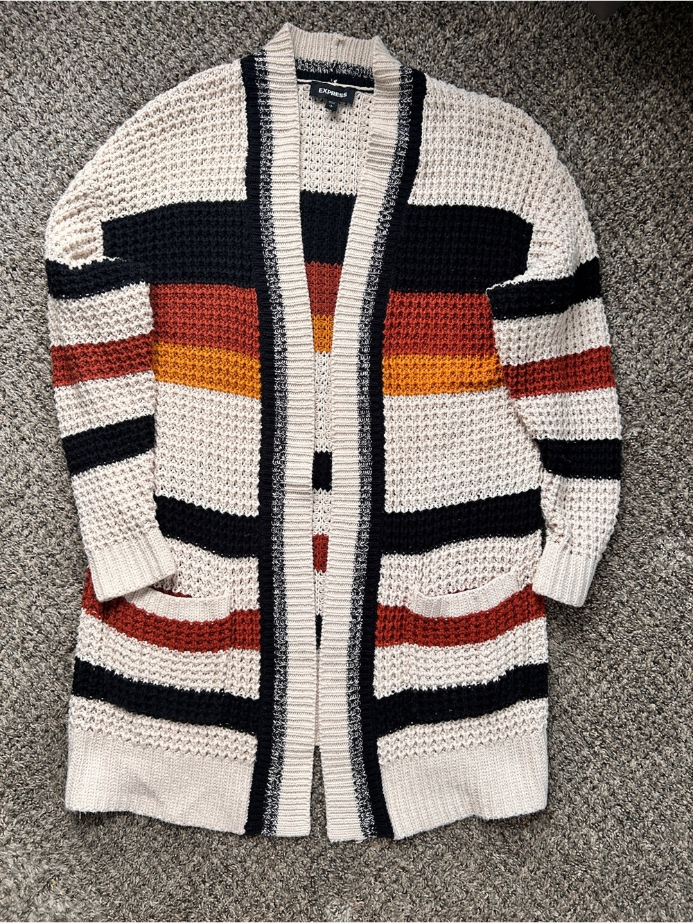 Express Women's Cream Open-Front Striped Cardigan Sweater